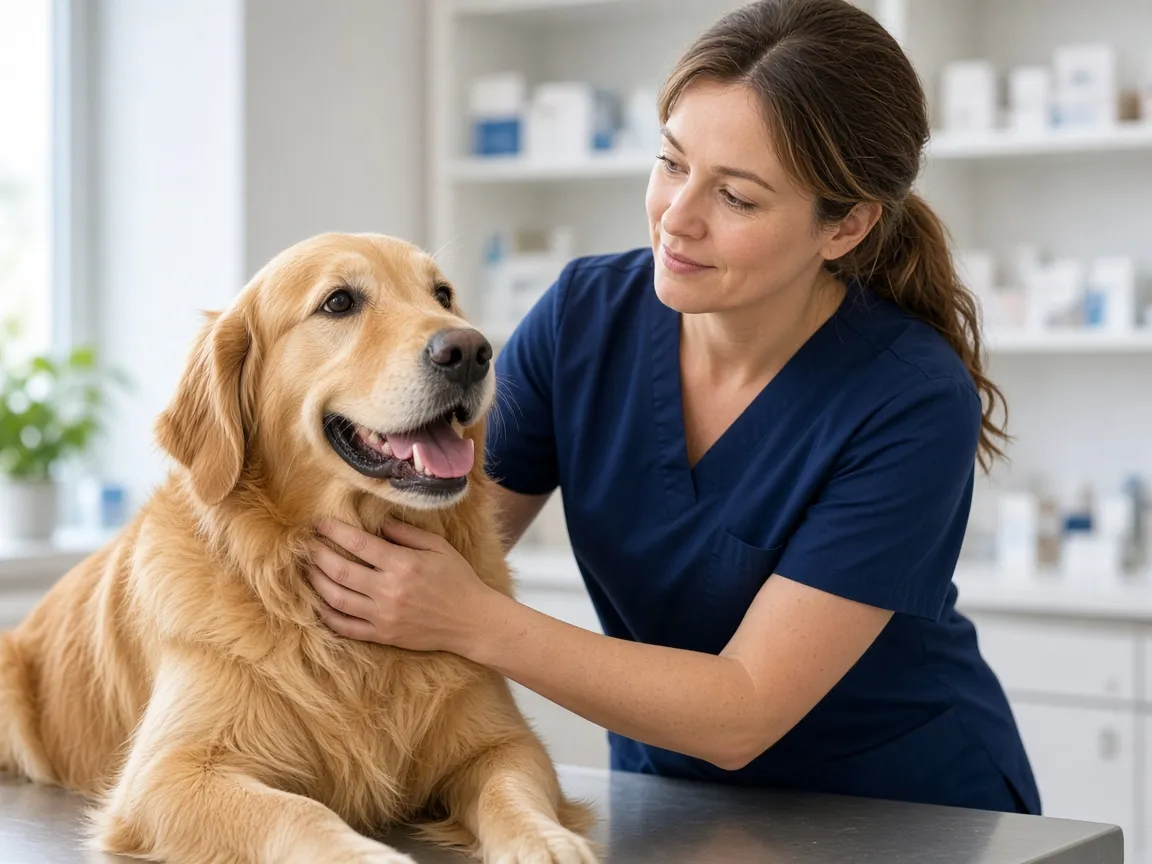 Veteriner hekim bir golden retriever'ı muayene ediyor